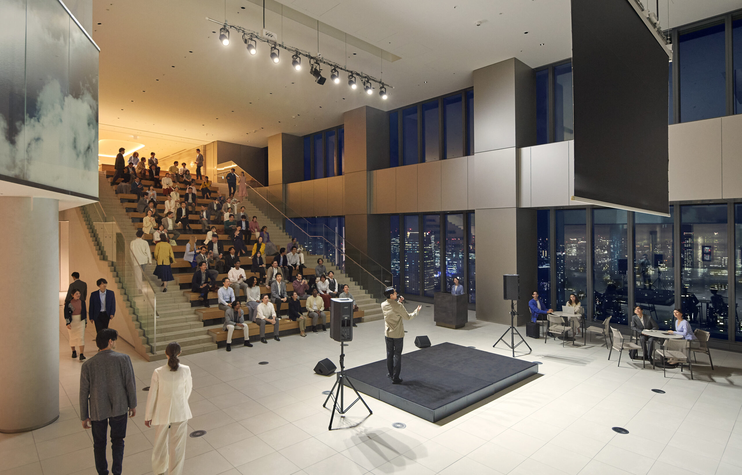 Conference scene in Japan with audience and stage